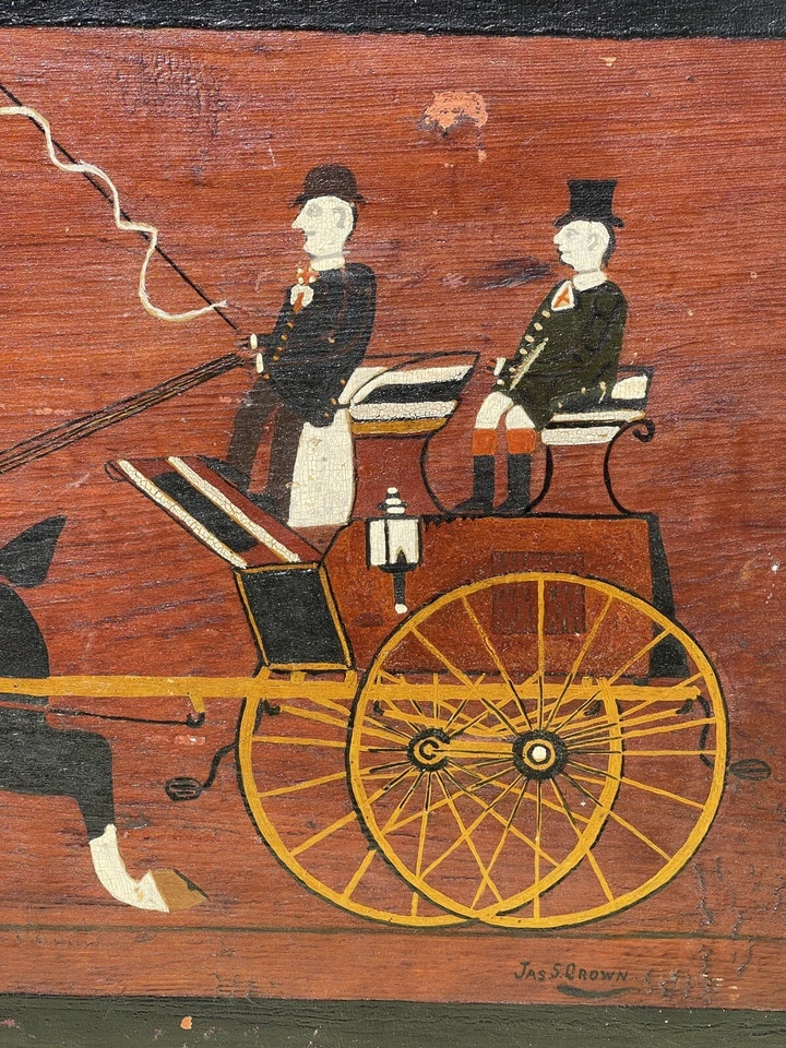 Antiguo arte popular caballo buggy pintura panel madera americana siglo XIX signo primitivo Foto 4 de 4