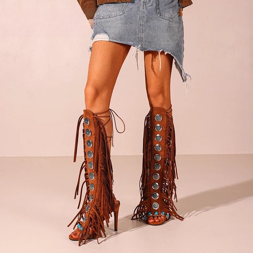 Real Cow Suede Leather Tassels Sandals Peep Toe Jewel Lace Up 10cm High Heel Lot - Picture 1 of 19