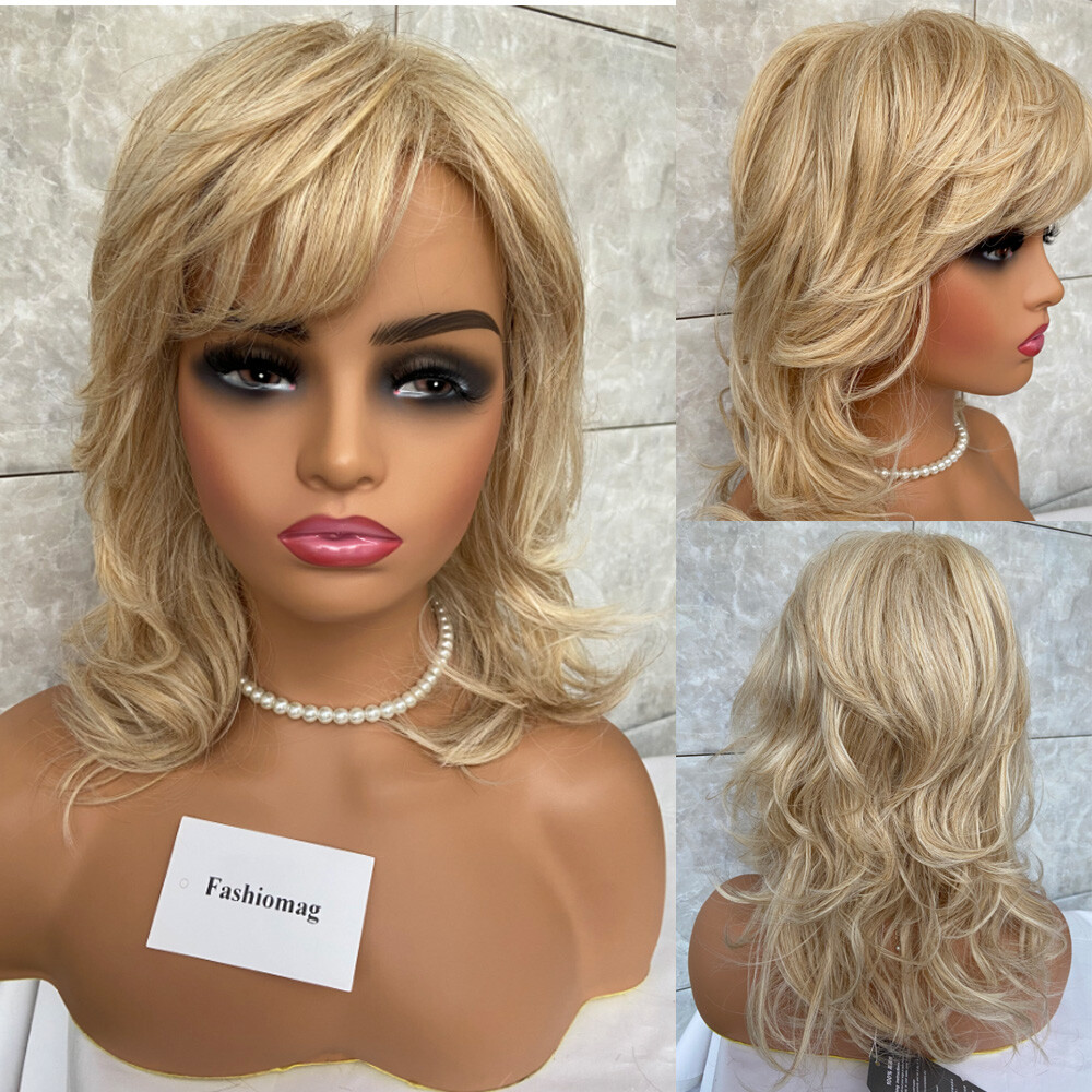 Medium Wavy Blonde Mix Layered Hairstyle Human Hair mix Wigs  display picture 1