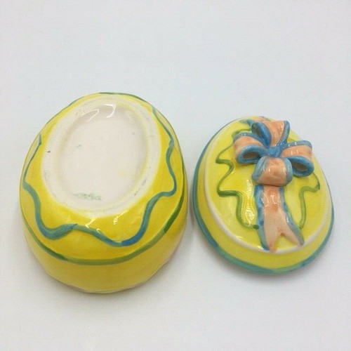 Trinket Box Vintage Easter Egg Bow Flowers Ceramic Yellow Pink Blue Green - Picture 6 of 7