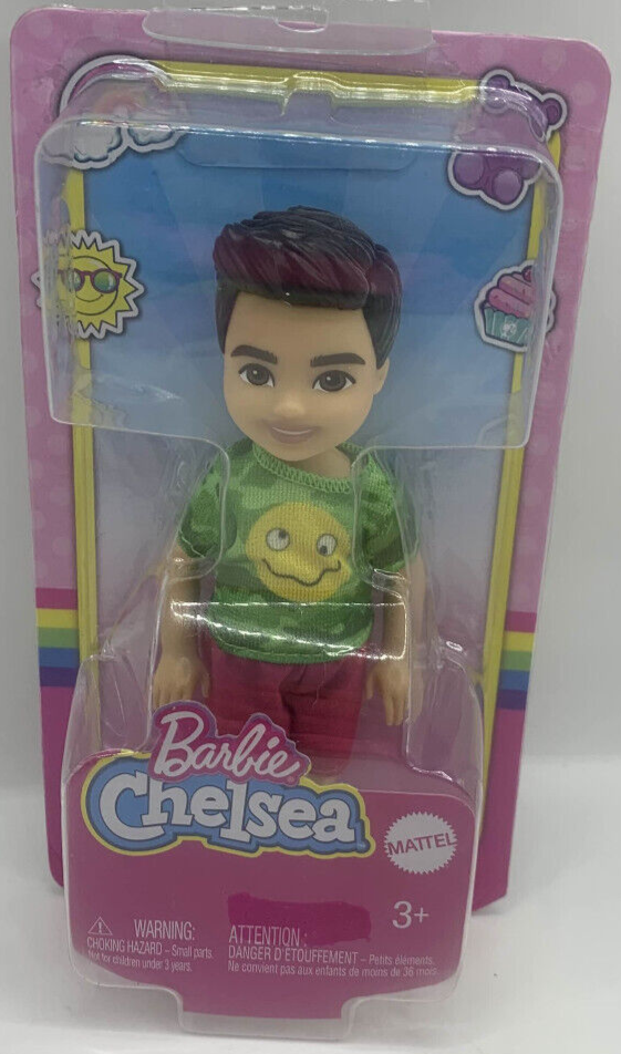 Barbie Club Chelsea Cabello Negro Oscuro Niño Muñeca Cara Squiggle Camisa Nueva en Caja