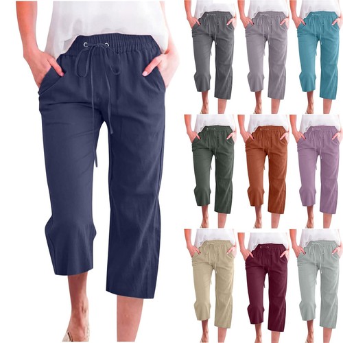 Women Solid Cotton Linen Cropped Pants Loose Fit Pocket Mid Length Capri Pants