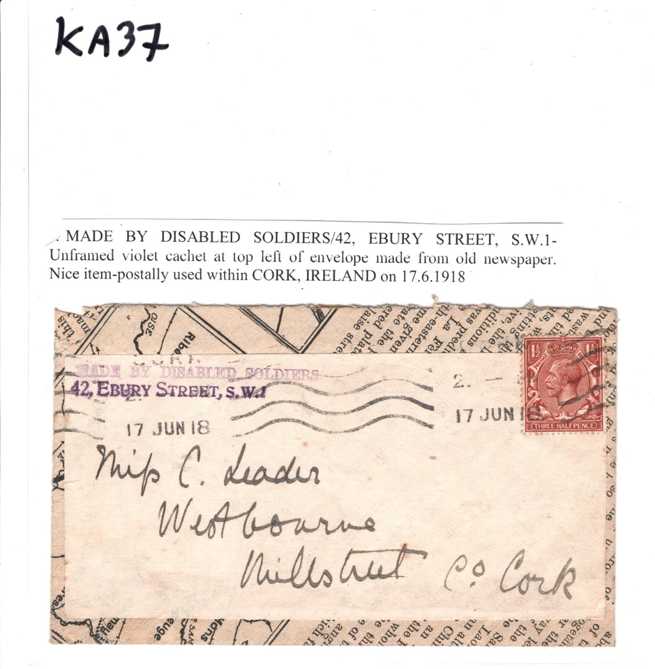 GB WW1 IRELAND Cover Cork *MADE BY DISABLED SOLDIERS* Violet Cachet 1918 KA37 - Image 3 of 4