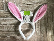 Childs plush Easter bunny ears pink white gingham dress up photo prop headband