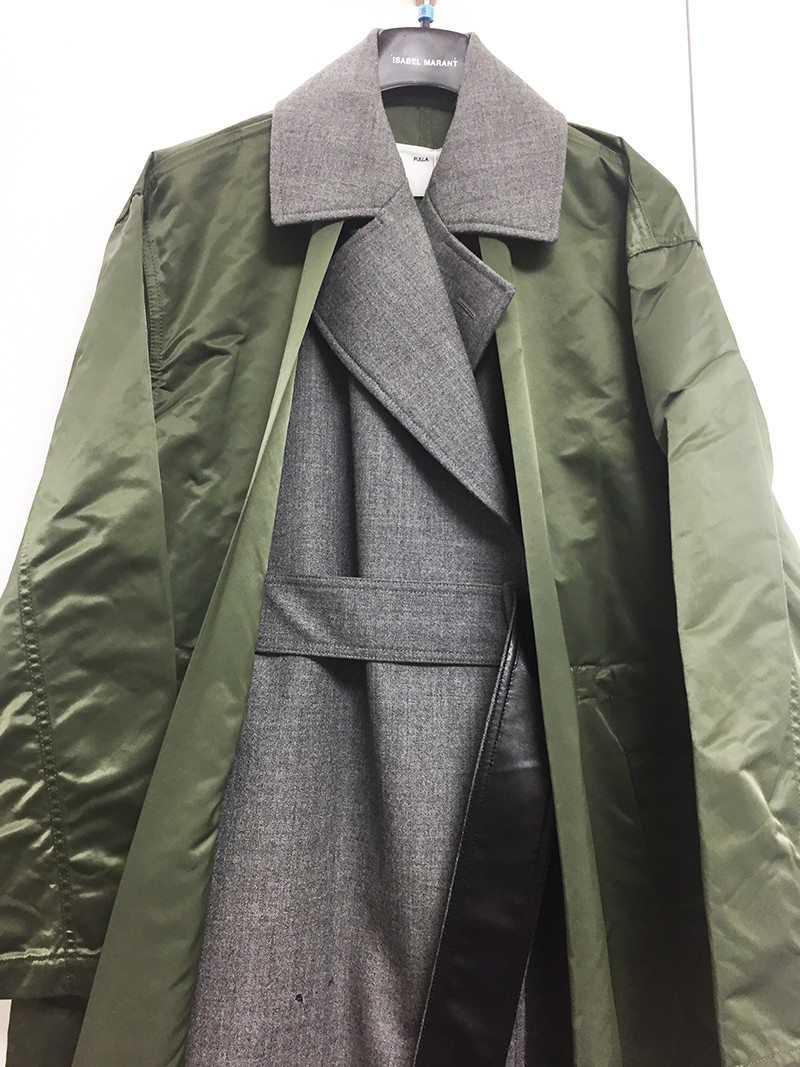 Toga] Wool Insert Nylon Trench Coat Khaki & Grey EU 39 Oversized
