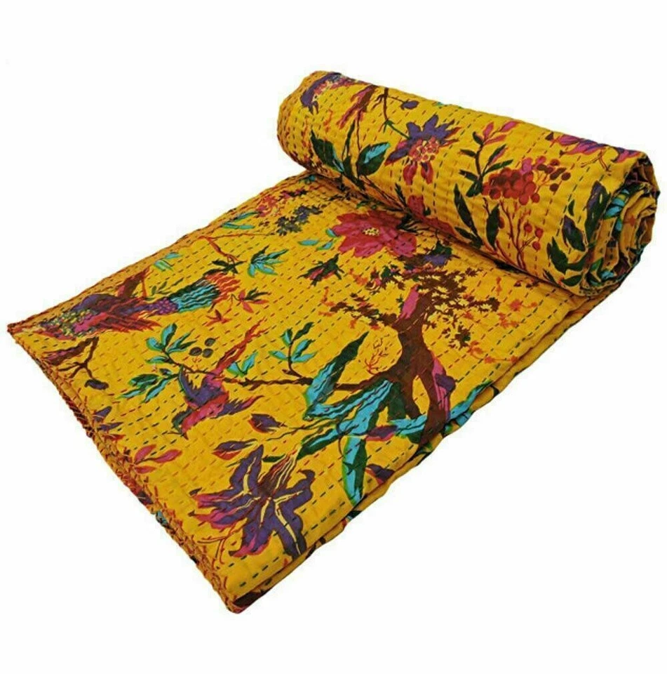Manta de cama Kantha amarilla hecha a mano tamaño king boho indio tiro Kantha Foto 3 de 4