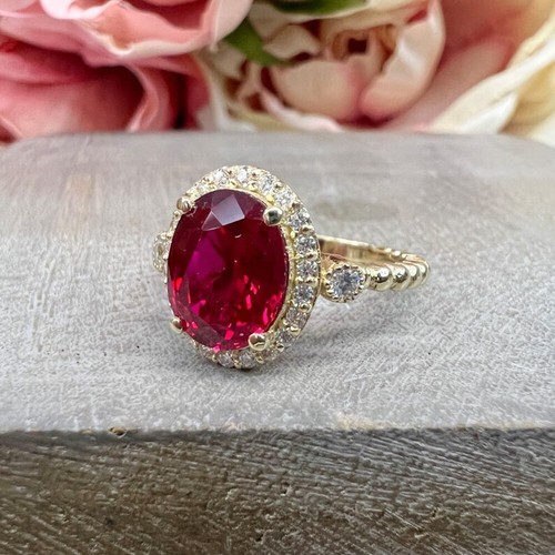 Women Wedding Ring 3.50 Ct Lab Grown Diamond Oval Cut Red Ruby 14k Yellow Gold - Picture 1 of 13