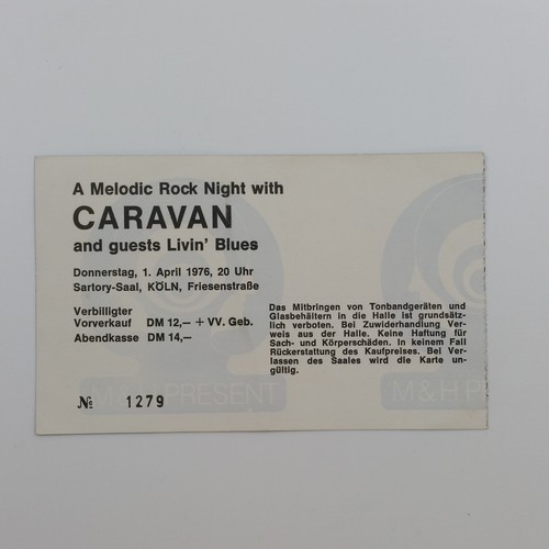 CARAVAN Concert TICKET April 1, 1976 Sartory Saal Cologne, Germany