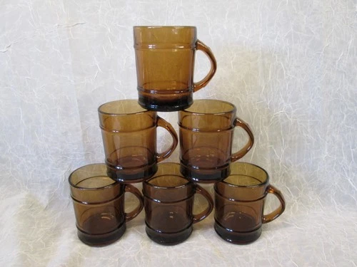 SET 6 Fire King Anchor Hocking Glass AMBER BROWN Barrel Coffee MUGS