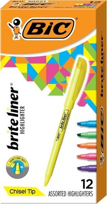 Bic Brite Liner Highlighters 12 Count Assorted Colors Chisel Tip Markers Set