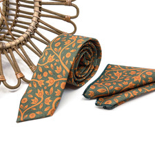 Burnt Orange Floral Tie Set on Olive Green   Handmade Necktie  Pocket Square