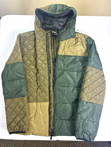 Desigual Alonso Patchwork Quilted Jacket Mens M Olive Green Hooded Puffer Padded - product listing photo