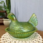 Indiana Green Iridescent Carnival Glass hen on nest HON vintage chicken dish