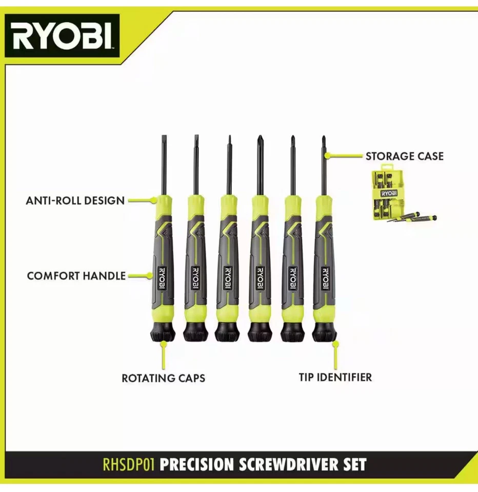 RYOBI, Juego de destornilladores de precisión de 6 piezas con asas de agarre de cojín, NUEVO Foto 2 de 4