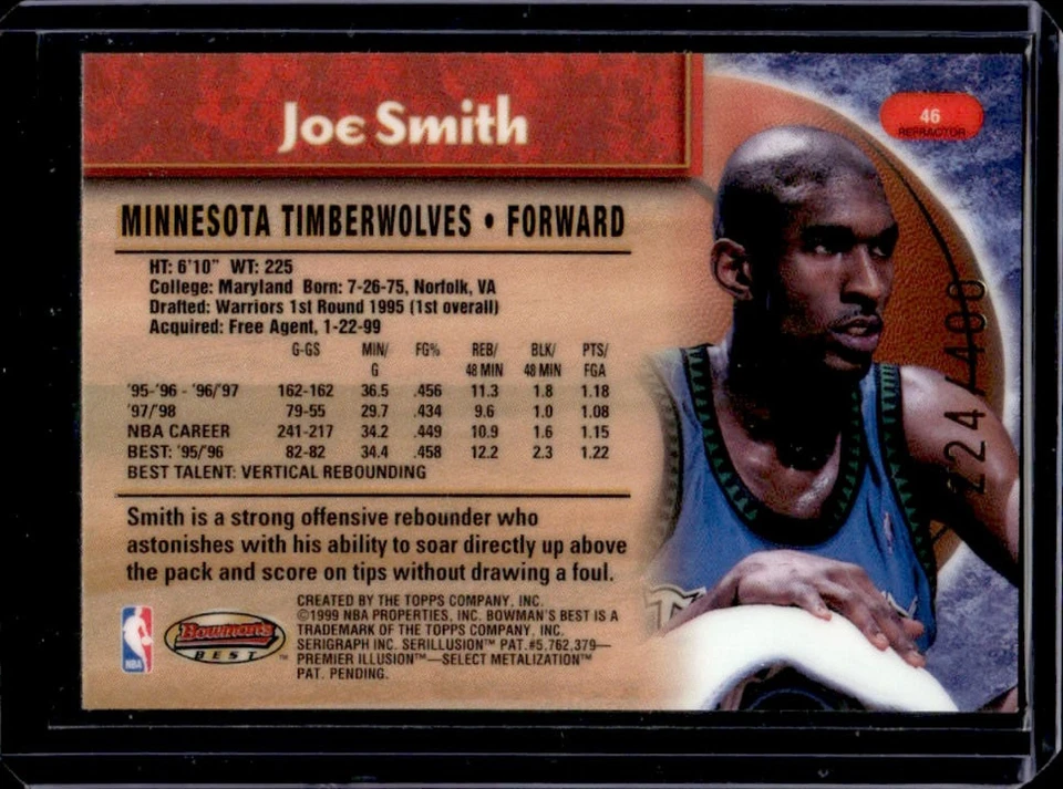 1998-99 Bowman's Best Joe Smith Refractor #224/400 Timberwolves - Image 2 of 2