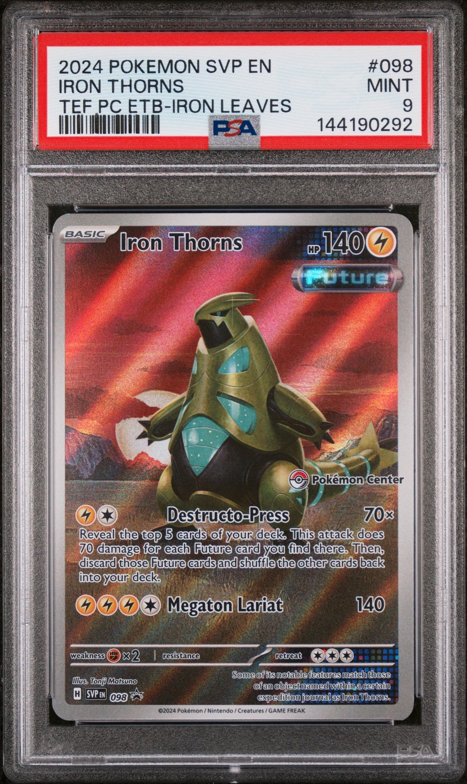 2024 POKEMON TEMPORAL FORCES POKEMON CENTER ETB PROMO SVP #098 IRON THORNS PSA 9