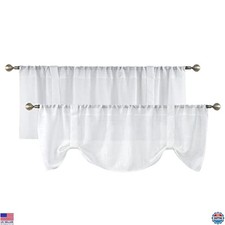 Chic Queen White Tie-Up Burlap Curtain Valances - Set of 2, Semi-Sheer 54"W x