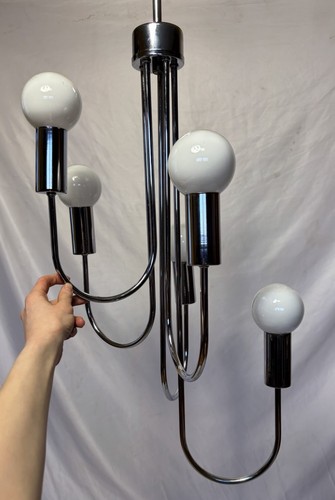 Vintage Mid Century Chrome Tone 5 Light Waterfall Swag Lamp Chandelier - Picture 7 of 20