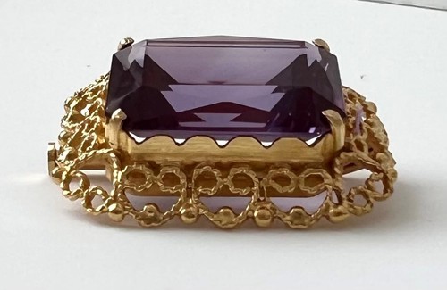Vintage c1950s French Gilt Filigree & Lab Created Colour Change Sapphire Brooch - Picture 7 of 24