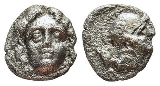 FITZ Greek PISIDIA Selge Silver Obol c. 350 300 Gorgon Athena 10mm0.85g AWE1192