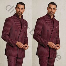Burgundy Pinstriped Men's Suit Peak Lapel Double Breasted Formal Wedding Tuxedo