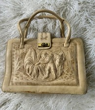 Vintage Mexican Tooled Leather HandbagMan With Cart Donkey Cacti Aztec Calendar
