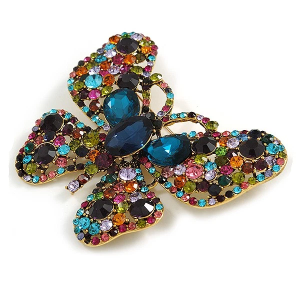 Broche mariposa de piedra de cristal y vidrio multicolor de gran tamaño en oro envejecido Foto 2 de 4