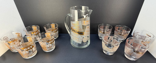(CG-769) Vintage French Liquor Label 11pc Bar Set Pitcher Rocks Glasses