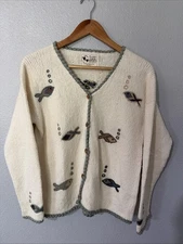 Hand Loomed Peru Cotton Cardigan with Fish Design Planet Earth Imports  Size 2