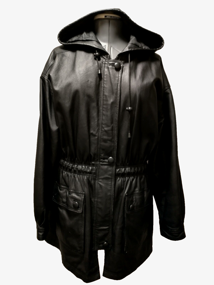 Vintage 90s Middlebrook Park Women's Black Genuine Leather Hooded