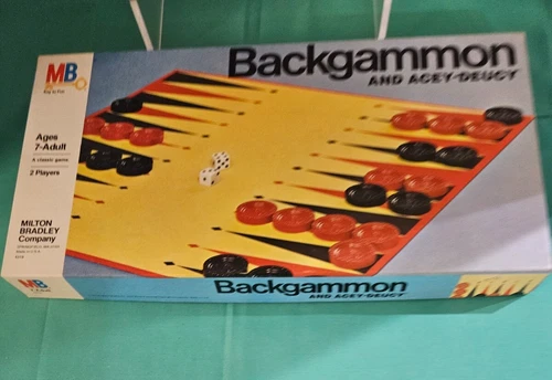 Vintage 1970s Milton Bradley Backgammon and Acey-Deucy game, unopened pieces.