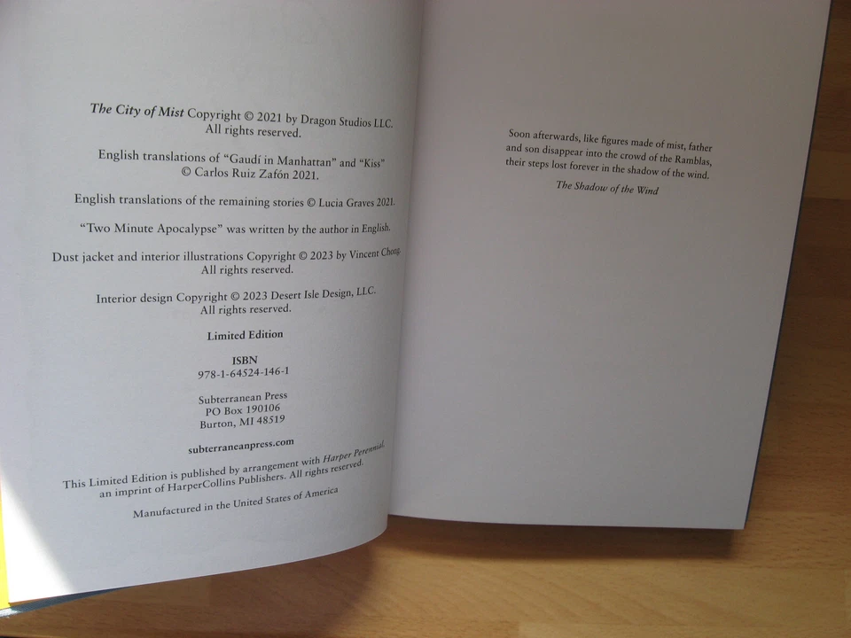 Carlos Ruiz Zafon Signed trans. The City Of Mist Numbered 1st Subterranean Press - Image 4 of 4