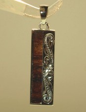 8MM SOLID 925 SILVER GENUINE INLAID HAWAIIAN KOA WOOD SCROLLS VERTICAL PENDANT