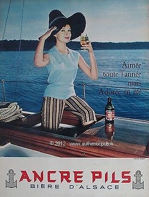 REKLAME BIERE D'ALSACE ANKER PILS PIN UP BOAT 1959 BEER CEREZA FRANZÖSISCHE ANZEIGE