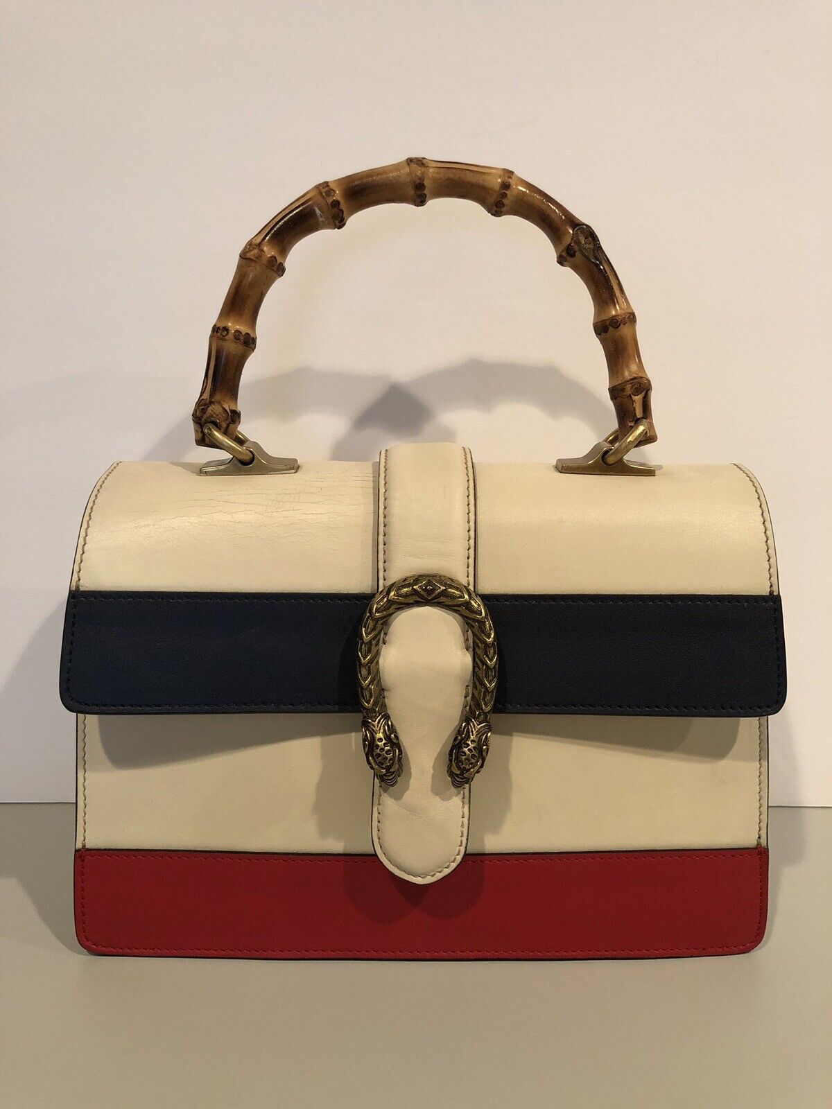 Gucci White, Red and Blue Leather Dionysus Bamboo Top Handle Gold Hardware, White/Red/Blue Womens Handbag