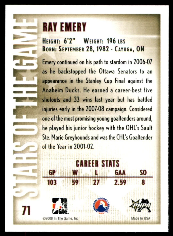 2007-08 In The Game Between the Pipes Ray Emery #71 - Image 2 of 2