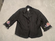 Plaza South Black Linen Blend Floral Embroidered Sleeve Jacket Lace Size 16