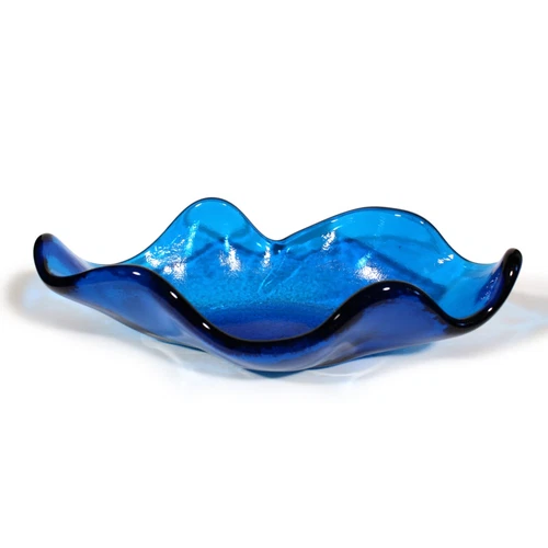 BLENKO 633 FREE-FORM AMOEBA ASYMMETRIC ART GLASS BOWL BLUE WAYNE HUSTED VINTAGE