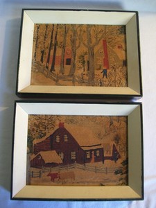2 Vintage Grandma Moses Framed Cloth Prints The Old Farmhouse