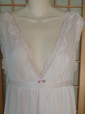 VTG Undercover Wear Pink Nightgown Maxi Deep V Bias Cut Lace Rolled Hem Sz Petit