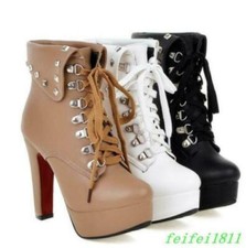 Womens Studded Block High Heels Ankle Boots Lace Up Punk Shoes Biker Casual Pump