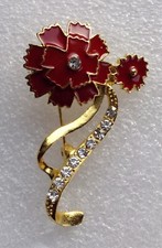 RED FLOWER BROOCH PIN -- Enamel w/ Inlay Crystals on Gold-tone Alloy
