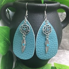 3  Silver-tone Charm  Leather Earring Set Drop Dangle New Free Ship A498