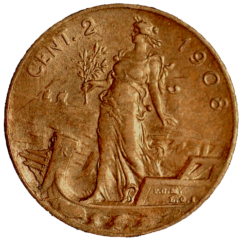 Italy 2 Centesimi 1908 Vittorio Emanuele III KM# 41