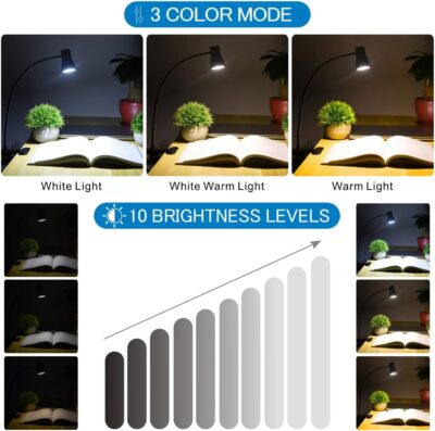 KNAMKY USB LED Schreibtischlampe Clip On Leselampe, 3 Lichtmodi 10 dimmbar