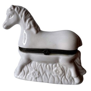 Vintage White Horse Trinket Box Porcelain Brass Trim Hinged Keepsake