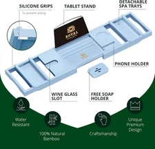 Royal Craft Wood Expandable Bathtub Caddy Tray – Blue with Soap Holder