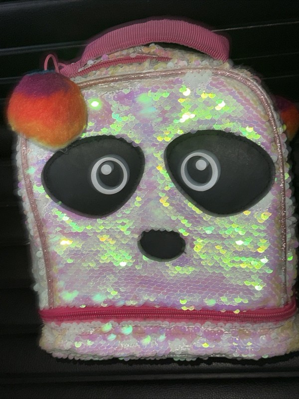 Fast Forward Girls Panda White Sequins Pink Purple Poms Zip Lunch Box