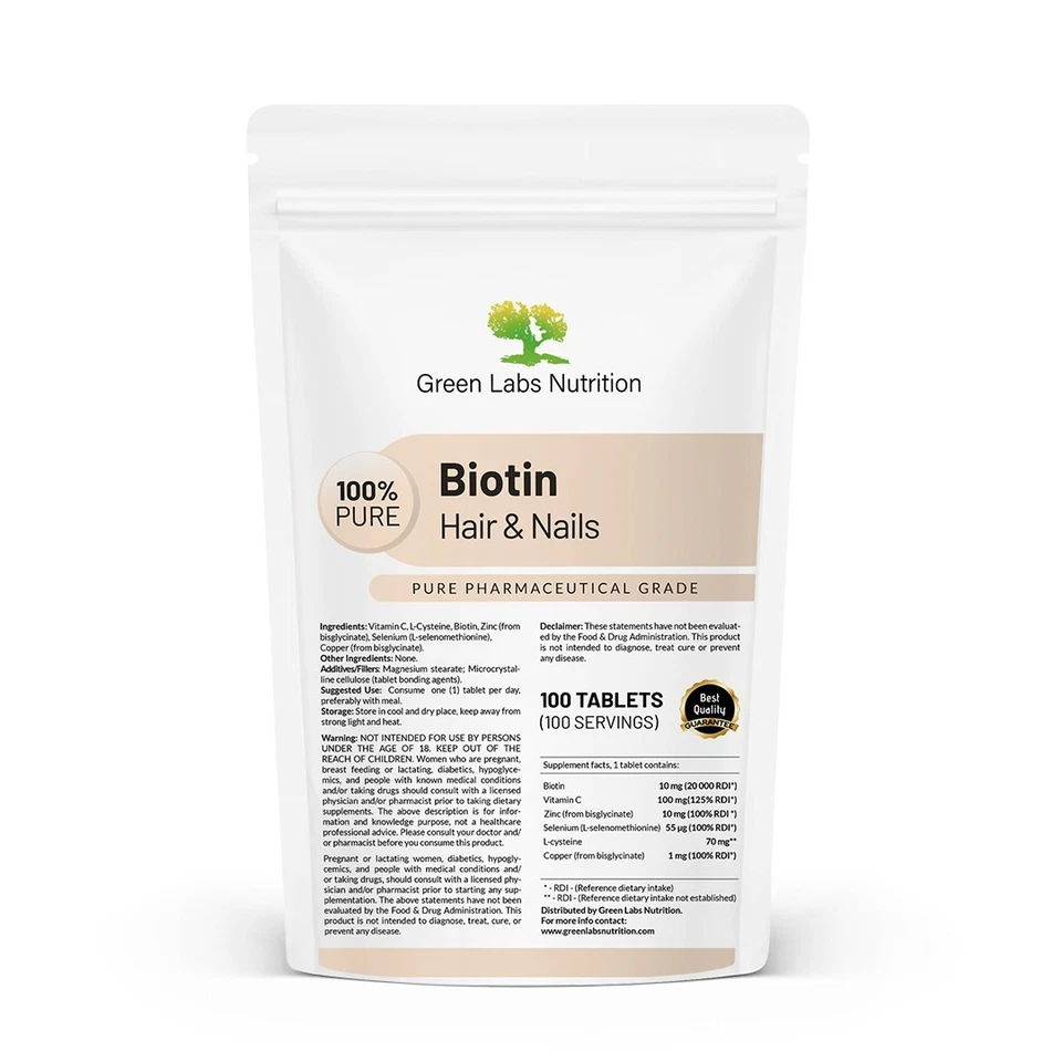 GREEN LABS NUTRITION Biotin-Tabletten für Haare und Nägel – Starkes, gesundes Haar, Haut und Nägel