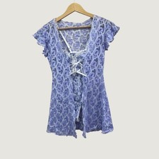 Fredericks of Hollywood Bodysuit Robe Set Medium Blue Lace Coquette Vintage 90s